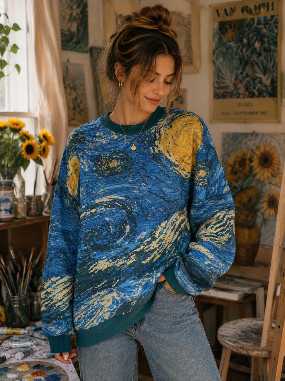 ASOS DESIGN A.P.O.H Vincent Van Gogh Starry Night Knit Crewneck Sweater 2XL EUC